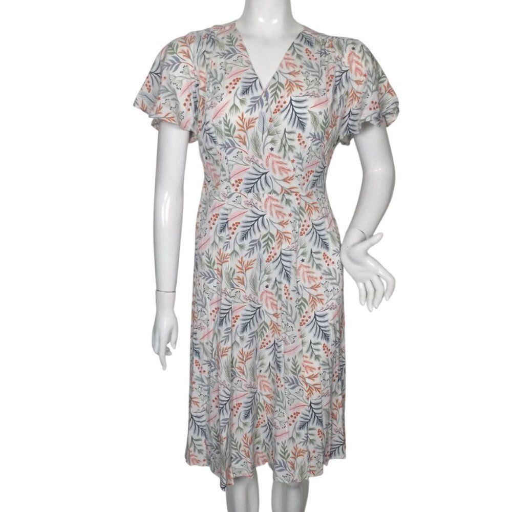 SAVILE ROW CO Dress, 6, White/Multicolor Floral, Flutter sleeves, V-neck, Rayon